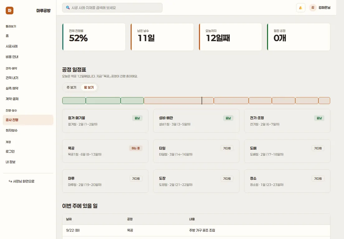 인테리어 시공 견적·시공관리 프리미엄 — 공정표