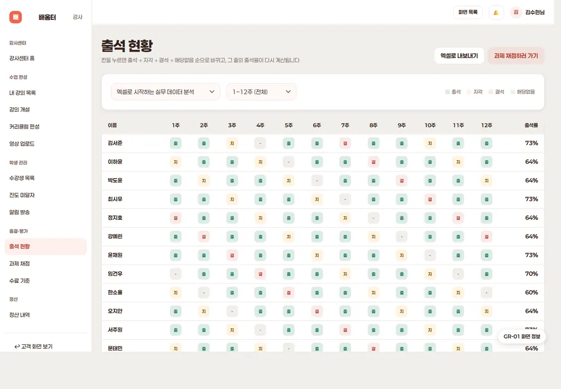 온라인 강의 플랫폼 (LMS) 디럭스 — 출석 현황